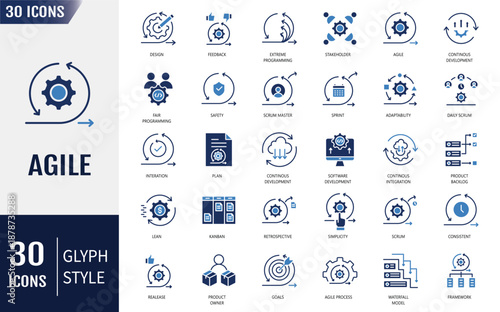 Agile icons set. Software development, plan, testing, process, scrum and more. Vector illustration