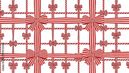 Elegant red plaid pattern with bows and flowers on white background, viewed from directly above