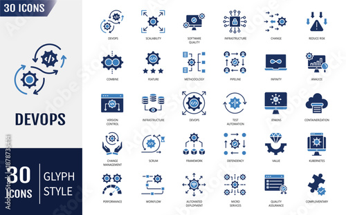 Devops icon set. Automation, deployment, agile workflow, software development, and more. Vector illustration