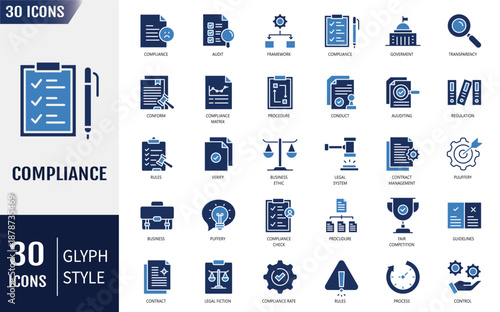 Compliance icon set. compliance, regulatory, governance, corporate, transparency, regulations and more. Vector illustration
