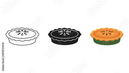 Three colorful pie crusts with different designs on white background