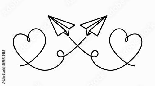 Two Paper Airplanes with Heart Shaped Flight Trails Minimalist Monoline Vector Art