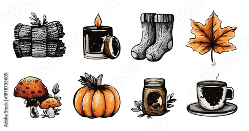 Set di illustrazioni disegnate a mano per l'autunno: candela, zucca, calzini e foglie, isolati su sfondo trasparente.