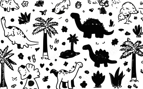 Disegno a mano libera di dinosauri stilizzati e palme, pattern bianco e nero con sfondo trasparente.