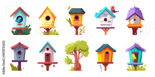 Collezione di casette per uccelli colorate e stilizzate, illustrazione vettoriale con sfondo trasparente.