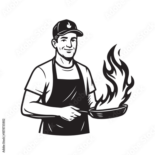 Chef cooking food in wok pan with fire flame woodcut style vector illustration.
