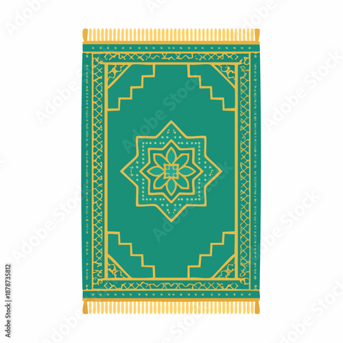 Traditional Teal and Gold Oriental Rug Vector Illustration