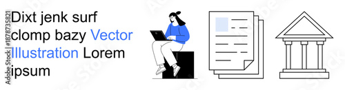 Education, document management, institutional processes, remote work, study, digital workflows. A person with a laptop, documents and a building. Education and document management