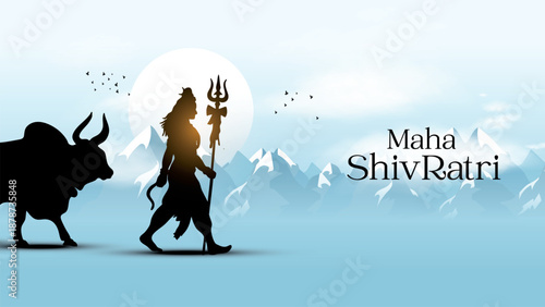 Happy maha Shivratri, a Hindu festival celebrated of lord shiva night. Creative vector illustration design with lord shiv and Nandi walking on mountain