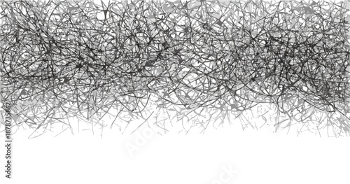 Sfondo astratto con fitte linee nere aggrovigliate e effetto pennellata su sfondo bianco trasparente.