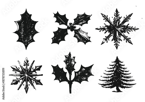 Set di sei elementi natalizi disegnati a mano in stile vintage bianco e nero con sfondo trasparente.