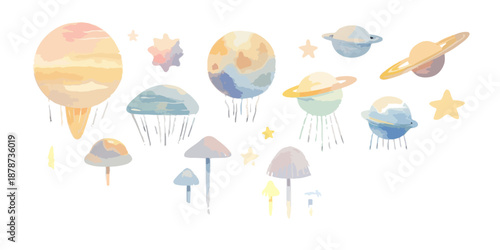 Illustrazione acquerello di pianeti colorati e funghi spaziali stilizzati su sfondo trasparente.