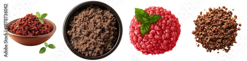 Ground beef – Beef that has been ground or minced commonly used in burgers tacos and sauces. Isolated on Clear White Background Highly Detailed 
