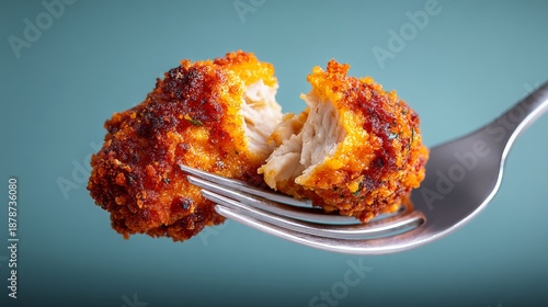 Crumbed spiced boneless chicken wing on a fork, showcasing a crispy exterior and tender interior, with a soft blue background enhancing the vibrant colors and textures of the dish
