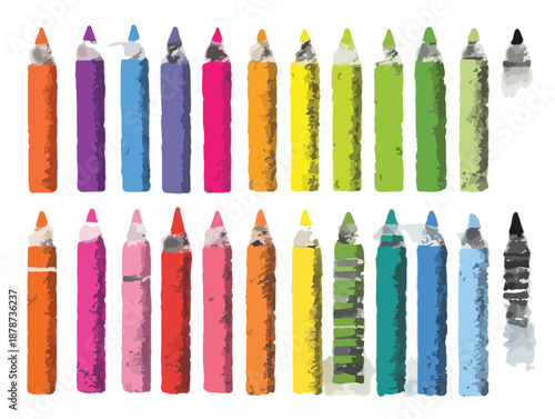 Set di pennarelli colorati ad acquerello con effetto pennellata su sfondo trasparente, strumenti artistici.