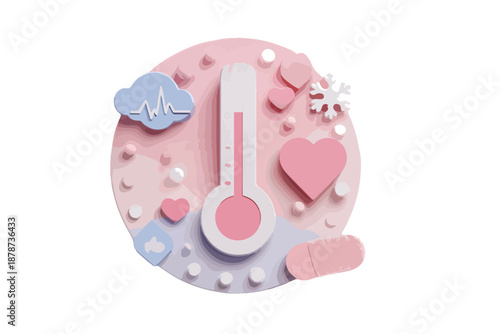 Illustrazione 3D stilizzata di termometro rosa e icone mediche per la salute e la temperatura corporea.