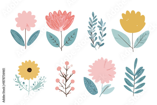 Set di illustrazioni vettoriali di fiori stilizzati e foglie botaniche con sfondo trasparente.