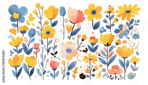 Illustrazione vettoriale di fiori stilizzati gialli e blu con sfondo trasparente per design primaverile.