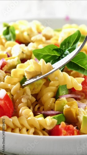 healthy eating, pasta salad , vertical food video for social media