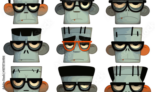 Collezione di nove avatar mostruosi stilizzati, personaggi grigi con occhiali, design piatto e trasparente.