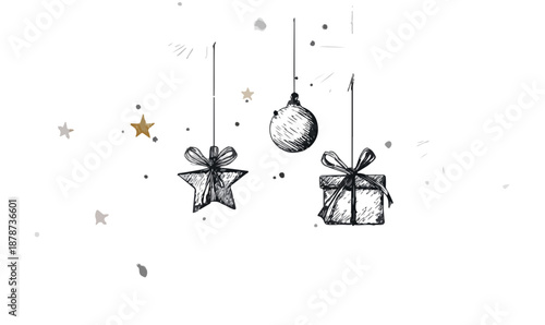 Decorazioni natalizie disegnate a mano, stella, palla e regalo sospesi su sfondo trasparente bianco.