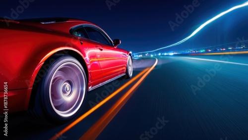 Red sports car speeding on a dark road at night with blurred lights