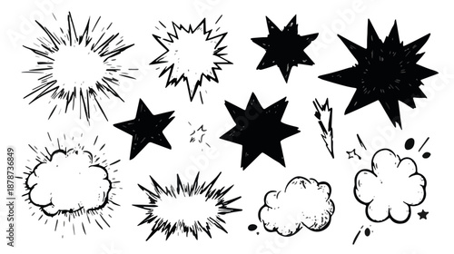 Set di elementi disegnati a mano per fumetti: esplosioni, stelle e nuvole di dialogo su sfondo trasparente.