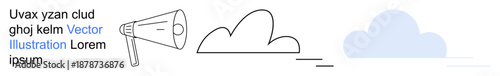 Communication, networking, cloud services, information sharing, connectivity, modern media. A megaphone with abstract cloud elements and a distant cloud. Communication and networking visual theme