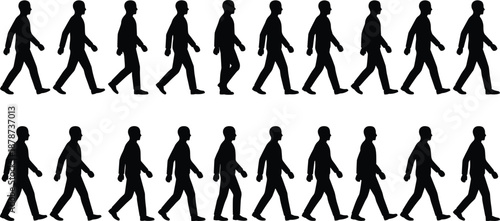 Walking man silhouettes sequence, male pedestrian animation frames, step cycle motion study, minimal black vector illustration isolated background, white design