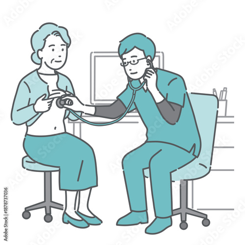 スクラブを着た男性医師による高齢女性の聴診・内科診察のイラスト