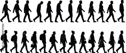 Walking people silhouettes collection, men women commuters moving forward, backpacks handbags briefcases, urban daily life motion, minimal black vector illustration