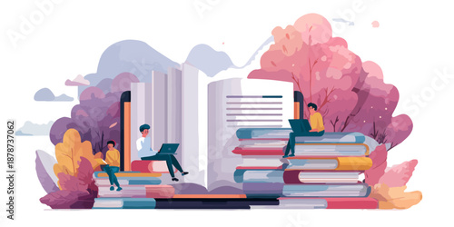 Studenti con laptop studiano su pile di libri illustrati con sfondo astratto colorato e trasparente.