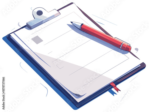 Illustrazione vettoriale di una cartellina con fogli bianchi e una matita rossa, sfondo trasparente per testo.