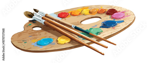 Tavolozza di legno con colori ad olio e pennelli per pittura artistica su sfondo bianco trasparente.