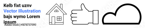 Homeownership, sustainability, cloud storage, data management, approval, environmental . Black and white s of a house, thumbs-up hand symbol and cloud. Homeownership and sustainability concepts