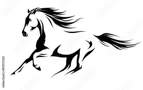 Stilizzata icona vettoriale di un cavallo nero al galoppo con criniera fluente su sfondo trasparente.