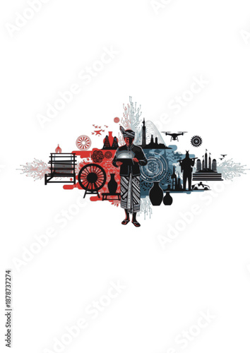 Local Culture and Future Tech Silhouette, Artisan Using Digital Tablet in Traditional Dress, Heritage and Modernity Connection Vector Design