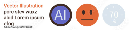 Artificial intelligence, emotion analytics, data visualization, progress tracking, user interface design, and technology. Three icons displaying AI text, neutral face and 70 percent. AI and emotion