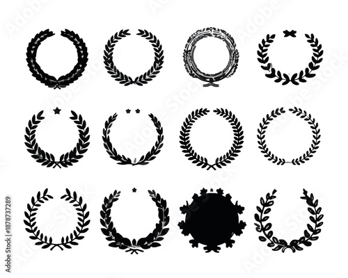 Collezione vettoriale di dodici corone d'alloro nere, emblemi di vittoria e onore su sfondo trasparente.