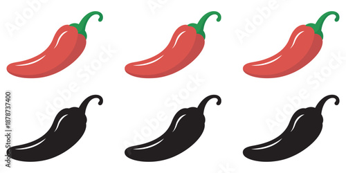 Hot chili pepper icons in red and black silhouette styles, featuring vector illustrations, spicy food symbols, cooking, kitchen and ingredient graphics.