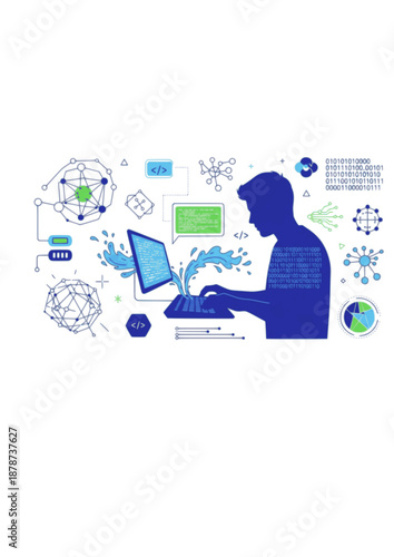 Vibe Coding and Software Design Silhouette, Programmer with Liquid Code Flow, Future AI Software Development and Logic Concept Vector Illustration