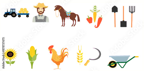 A collection of farming and agriculture icons including a farmer, tractor, animals, crops, and tools on a white background.