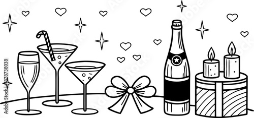 Celebration Doodle Art Festive Drinks, Champagne, Gifts, and Candles for a Joyful Occasion