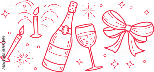 A festive collection of doodle-style icons including a champagne bottle, wine glass, candles, fireworks, and a bow, perfect for celebratory designs