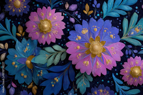 A decorative floral arrangement in an artistic style with a three-dimensional texture.  