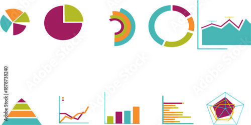 A collection of colorful data visualization charts and graphs including pie, donut, line, bar, pyramid, and radar charts for business analysis and reporting.