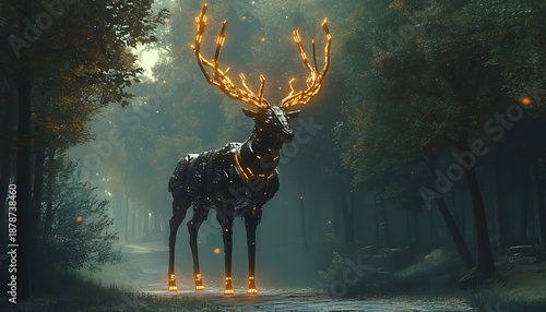 A hyper-realistic futuristic ecosystem where robotic insects with metallic wings pollinate glowing cybernetic flowers, robotic birds with chrome feathers soar through neon skies, robotic land animals 
