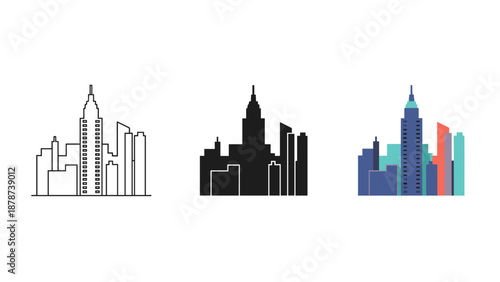 City skylines in black white and colorful illustration styles together