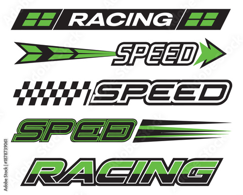 Racing sport sticker collection, colorful and dynamic designs, car decals, motorsport icons, speed graphics, automotive vector illustrations for vehicles.
