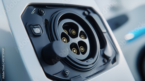 Close-up of modern electric car charging port ready for plug-in